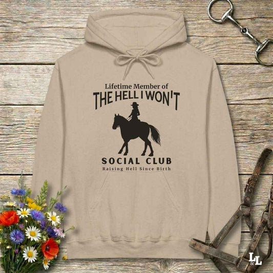 beige The Hell I Won't Hoodie for Horse Lovers, Cowgirl Sweatshirt Horse Riding Apparel
