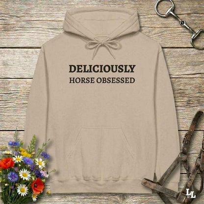 beige Deliciously Horse Obsessed Hoodie for Horse Lovers, Barn Apparel Cowgirl Sweatshirt
