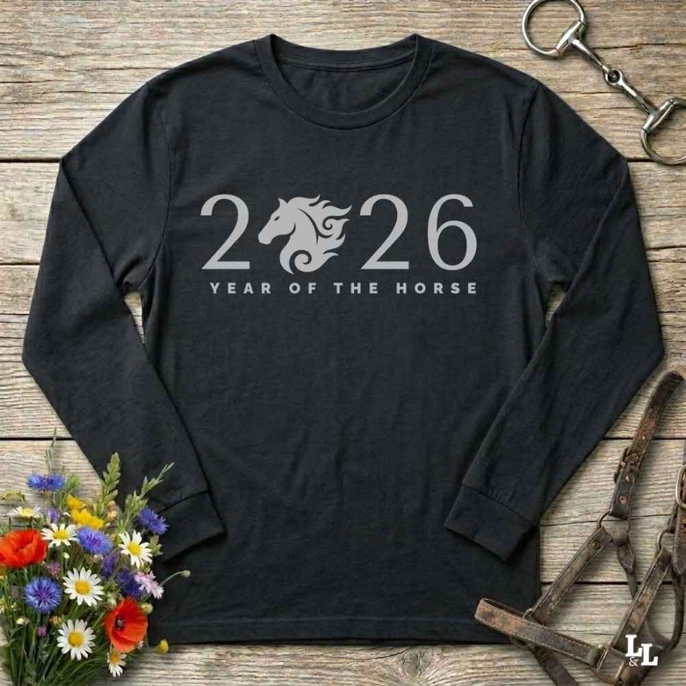 black Year of the Horse Long Sleeve Tee for Horse Lovers, Barn wear Riding Apparel