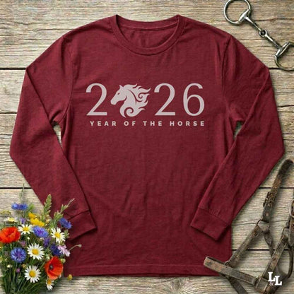 red Year of the Horse Long Sleeve Tee for Horse Lovers, Barn wear Riding Apparel