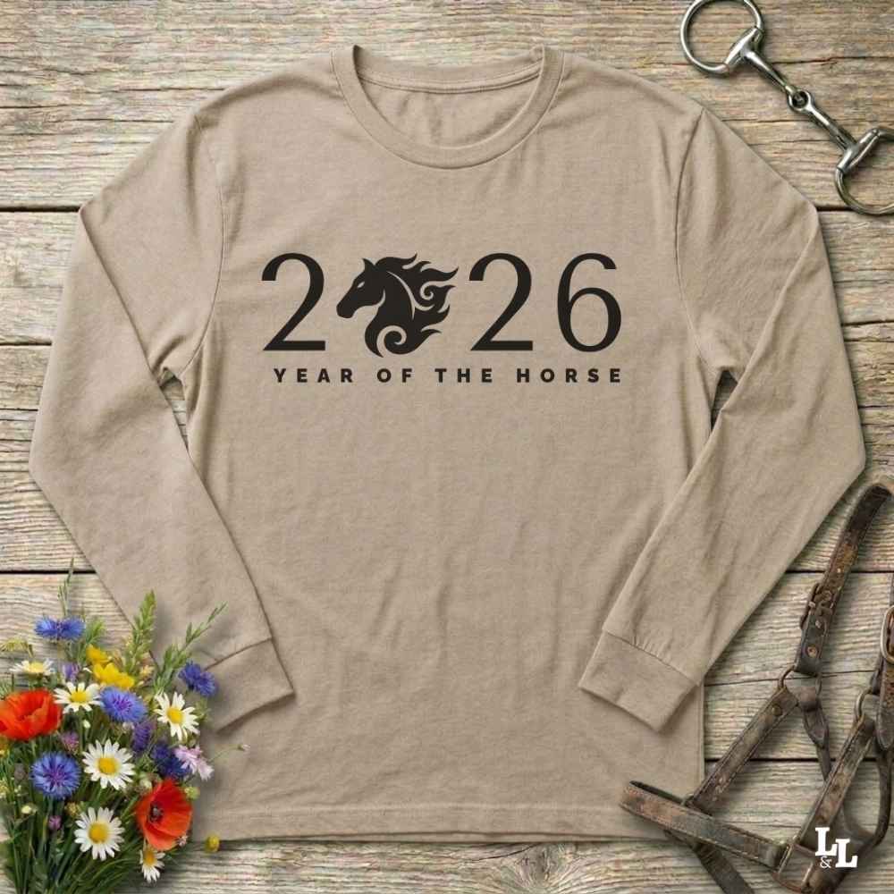 beige Year of the Horse Long Sleeve Tee for Horse Lovers, Barn wear Riding Apparel