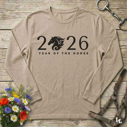 beige Year of the Horse Long Sleeve Tee for Horse Lovers, Barn wear Riding Apparel
