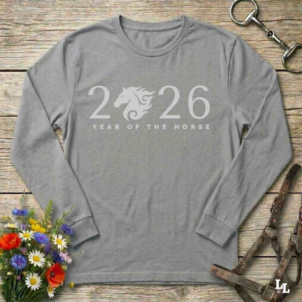 gray Year of the Horse Long Sleeve Tee for Horse Lovers, Barn wear Riding Apparel