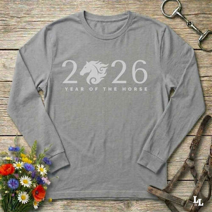 gray Year of the Horse Long Sleeve Tee for Horse Lovers, Barn wear Riding Apparel