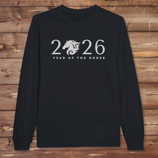 Black Year of the Horse Long Sleeve Tee for Horse Lovers, Barn wear Riding Apparel