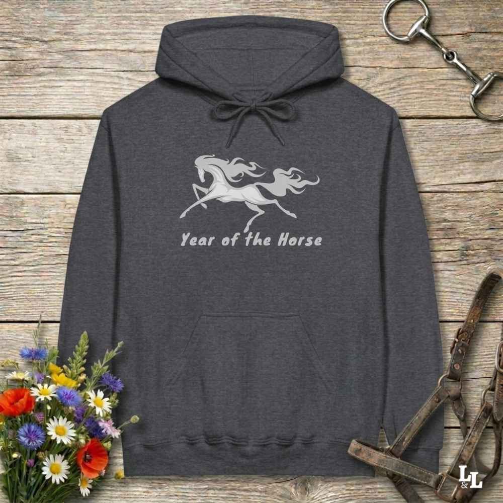 gray Year of the Horse Hoodie for Horse Lovers, Riding Apparel, Cowgirl Sweatshirt