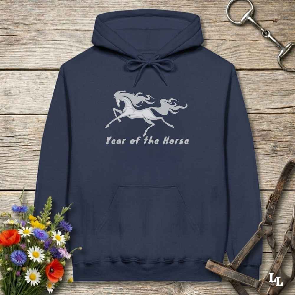navy blue Year of the Horse Hoodie for Horse Lovers, Riding Apparel, Cowgirl Sweatshirt