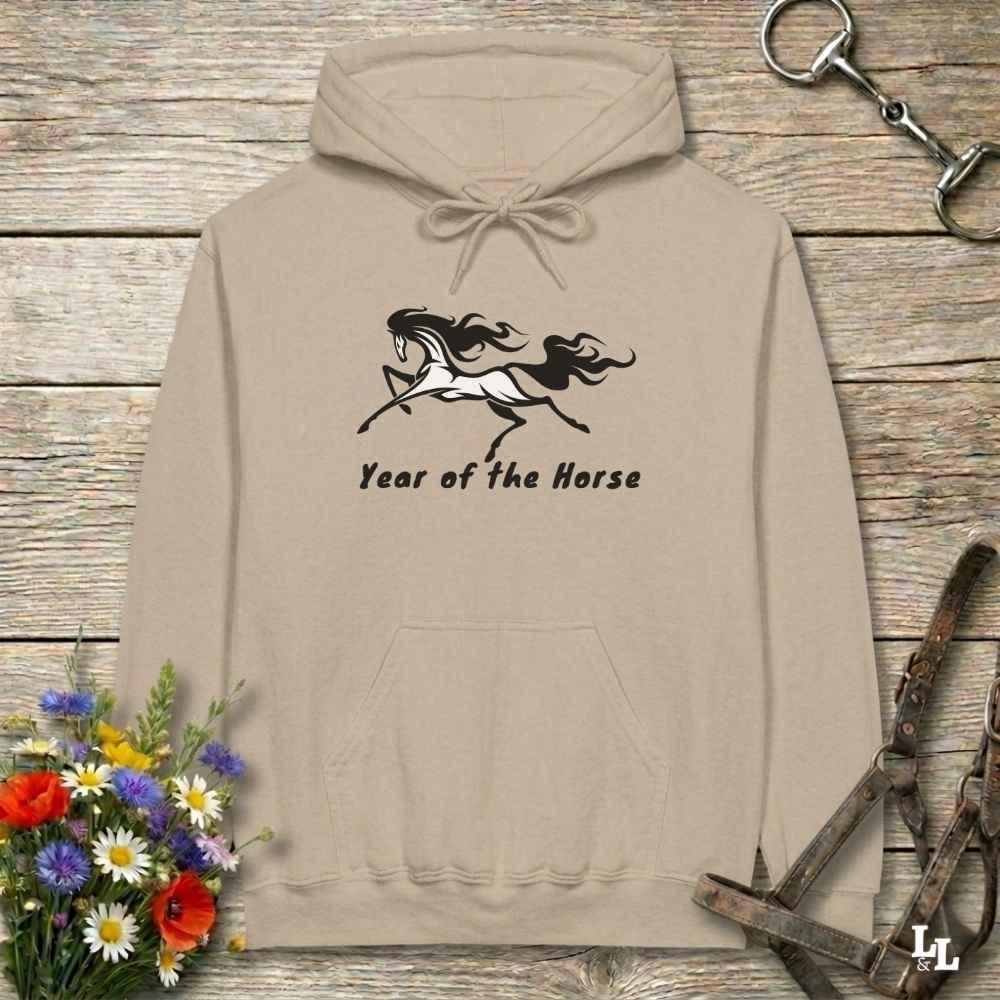 beige Year of the Horse Hoodie for Horse Lovers, Riding Apparel, Cowgirl Sweatshirt