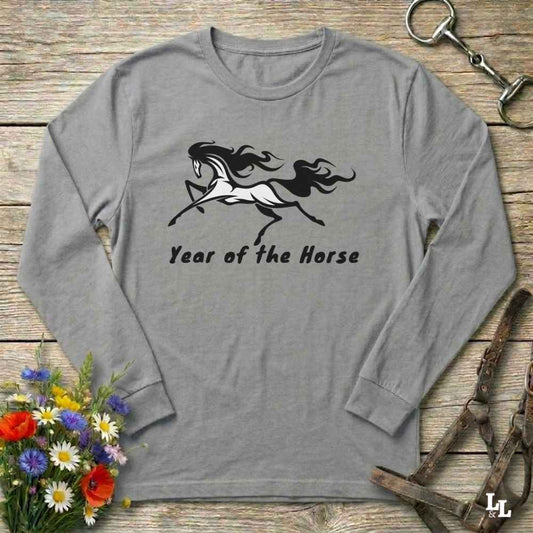 gray Year of the Horse Long Sleeve Tee for Horse Lovers, Riding Apparel Equestrian Wear