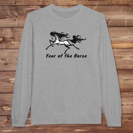 Gray Year of the Horse Long Sleeve Tee for Horse Lovers, Riding Apparel Equestrian Wear