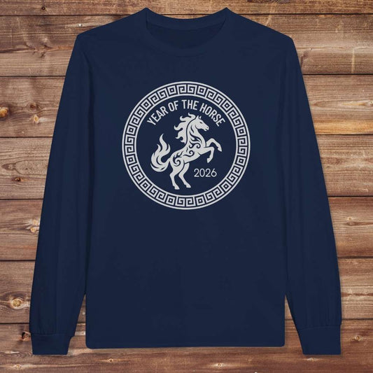 navy blue Year of the Horse Long Sleeve Tee for Horse Riders, Riding Wear