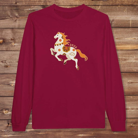Maroon Year of the Horse Long Sleeve Tee for Horse Lovers, Equestrian Riding Wear