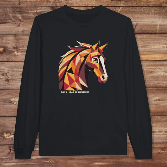 Black Year of the Horse Long Sleeve Tee for Horse Lovers, Barn Wear Riding Apparel