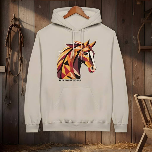 Sand beige Year of the Horse Hoodie for Horse Lovers, Western Riding Apparel, Cowgirl Sweatshirt, hanging in barn