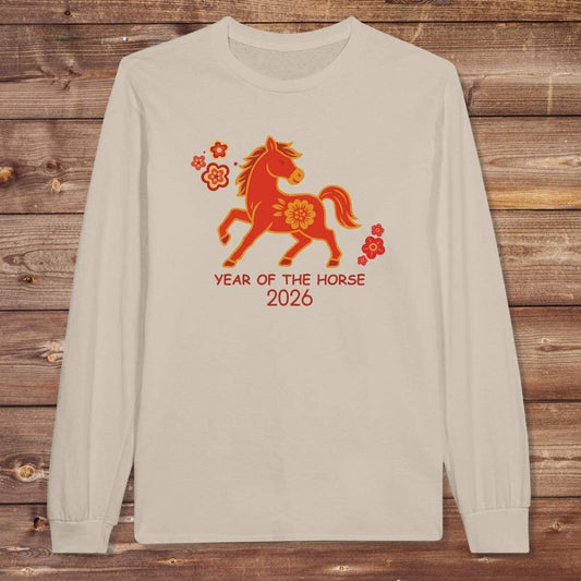 Beige Year of the Horse Long Sleeve Tee for Horse Lovers, Equestrian Riding Wear