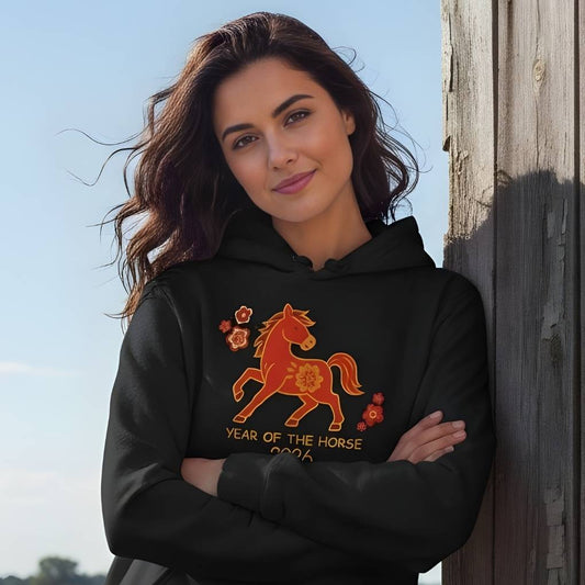 Woman wearing a black hoodie with a horse design and text, standing against a wooden post with a clear sky. Year of the Horse Hoodie for Horse Lovers, Cowgirl Sweatshirt Riding Apparel