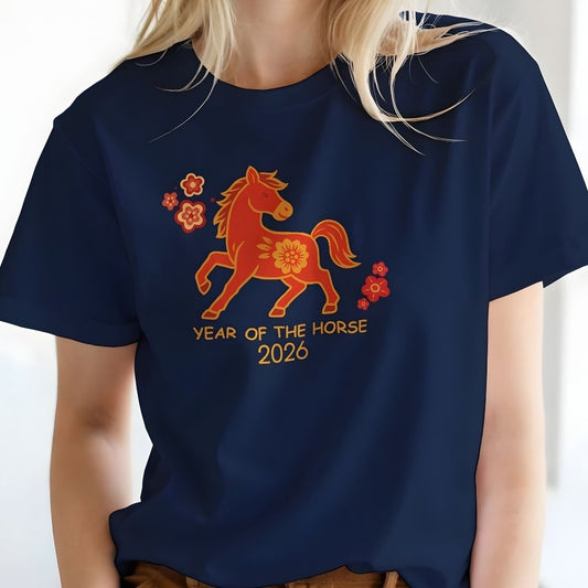 Navy blue t-shirt with a red horse graphic and 'Year of the Horse 2026' text on a white background. Year of the Horse T-Shirt for Horse Lovers, Trail Riding Tees, Cowgirl Shirts