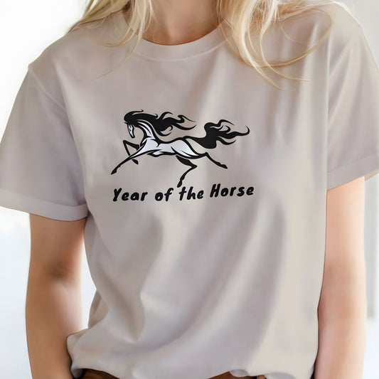 beige t-shirt with black horse graphic and 'Year of the Horse' text on a plain background