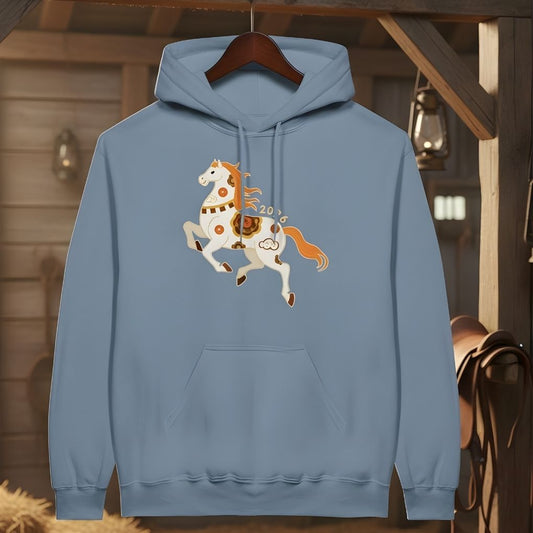 Blue hoodie with a horse graphic on a wooden background. Year of the Horse Hoodie for Horse Lovers, Cowgirl Sweatshirt, Activewear for Horseriding