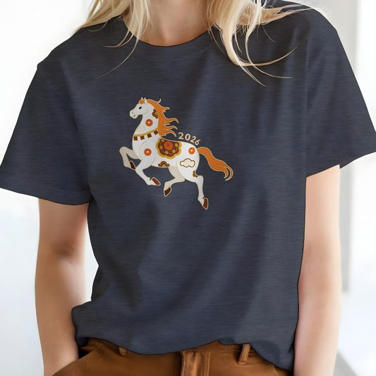 Person wearing a navy blue t-shirt with a horse graphic and '2025' on a white background. Year of the Horse T-Shirt for Horse lovers, Riding Apparel