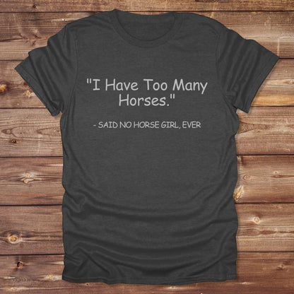 Dark Grey Never Too Many T-Shirt for Horse Lovers, Barn Wear, Riding Apparel Trail Riding Tee