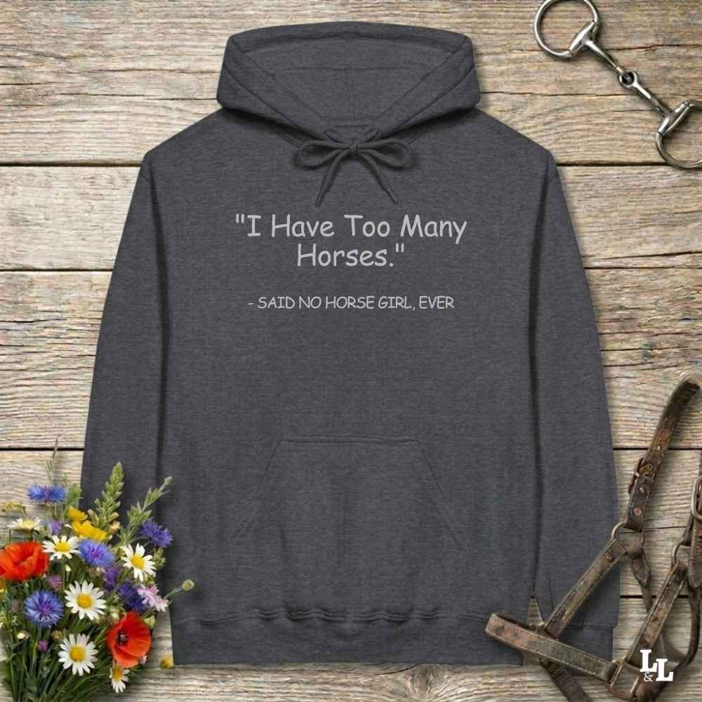 gray Never Too Many Hoodie for Horse Lovers, Trail Riding Hoodie, Riding Apparel