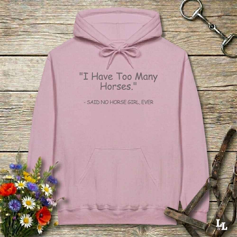 pink Never Too Many Hoodie for Horse Lovers, Trail Riding Hoodie, Riding Apparel