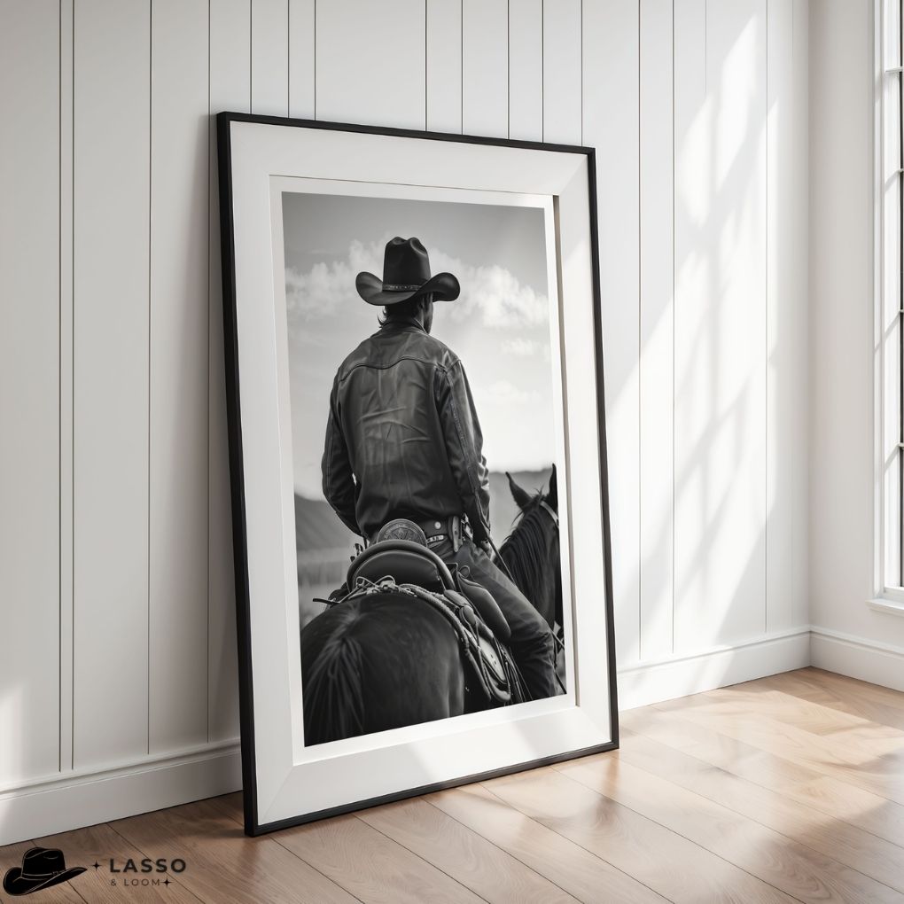 Framed black and white print of a cowboy on horseback against a scenic background, displayed in a room with wooden flooring and white walls.