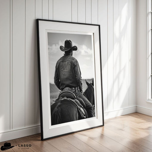Framed black and white print of a cowboy on horseback against a scenic background, displayed in a room with wooden flooring and white walls.