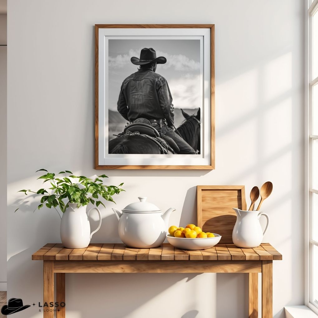 Framed black and white photo of a cowboy on a wall above a wooden table with a teapot, lemons, and a plant.
