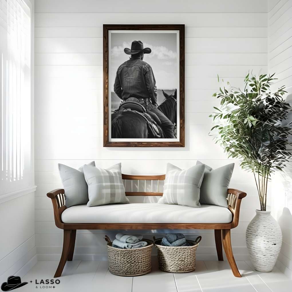 Living room with a wooden bench, framed picture of a person on horseback, and decorative elements.