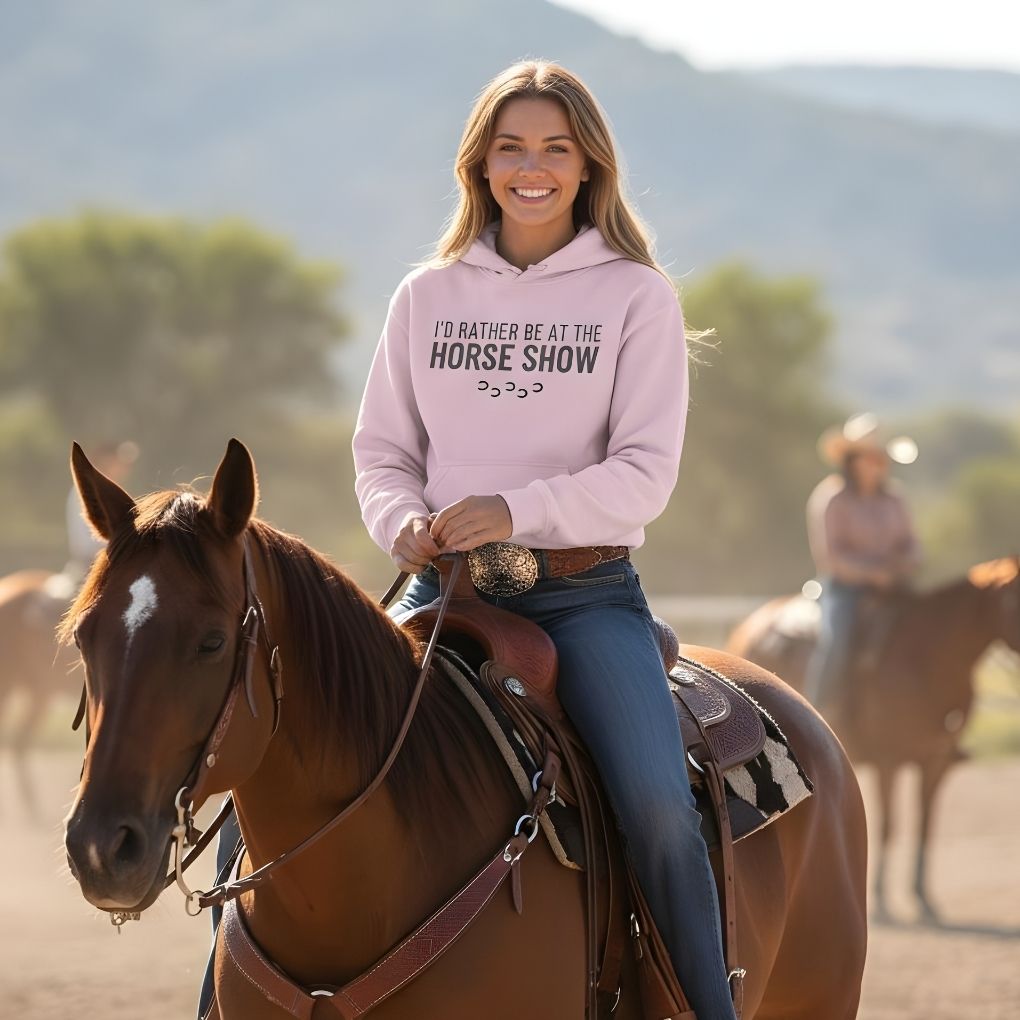 Woman riding a horse with a pink hoodie displaying text, set against a scenic background.  I'd Rather be at the Horse Show Hoodie for Horse Lovers, Trail Riding Hoodie. Perfect for gifts.