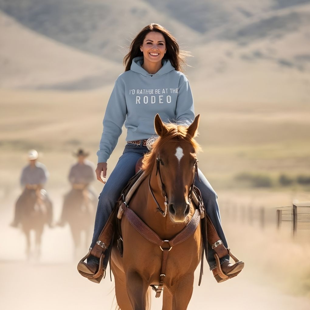 Woman riding a horse in a desert landscape wearing a hoodie with text. I'd Rather be at the Rodeo Hoodie for Horse Lovers, Trail Riding Hoodie, Equestrian Barn Wear for gifts