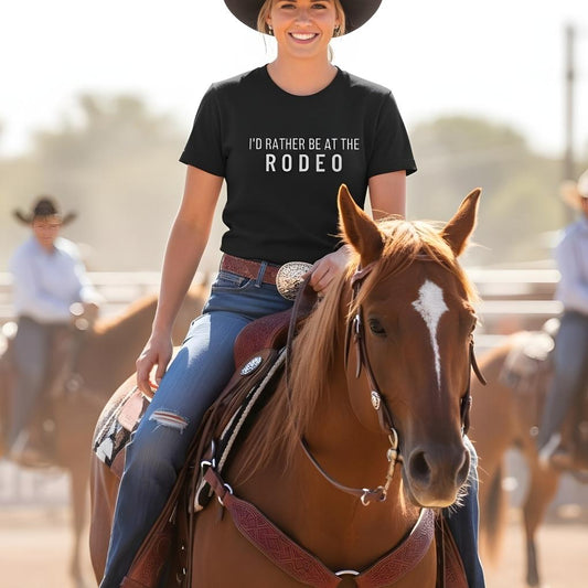 Woman riding a horse wearing a black t-shirt with 'I'd Rather Be at the Rodeo' text. I'd Rather be at the Rodeo T-Shirt for Horse Lovers, Trail Riding Tee Barn Wear perfect for a gift