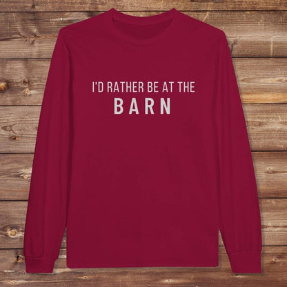 Red I'd Rather be at the Barn Long Sleeve Tee for Horse Lovers, Barn Wear, Equestrian Tee. Great gift for horse riders.