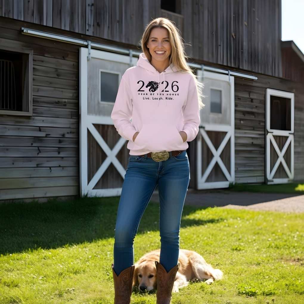 Woman wearing a pink hoodie with a horse graphic and number, standing in front of a wooden barn with a dog lying on the grass. Live Laugh Ride Hoodie for Horse Lovers, Barn Wear Hoodie Equestrian Apparel