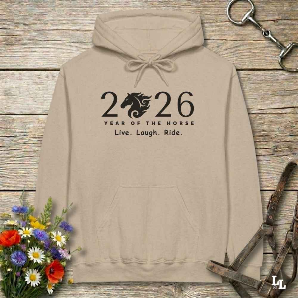 beige Live Laugh Ride Hoodie for Horse Lovers, Barn Wear Hoodie Equestrian Apparel