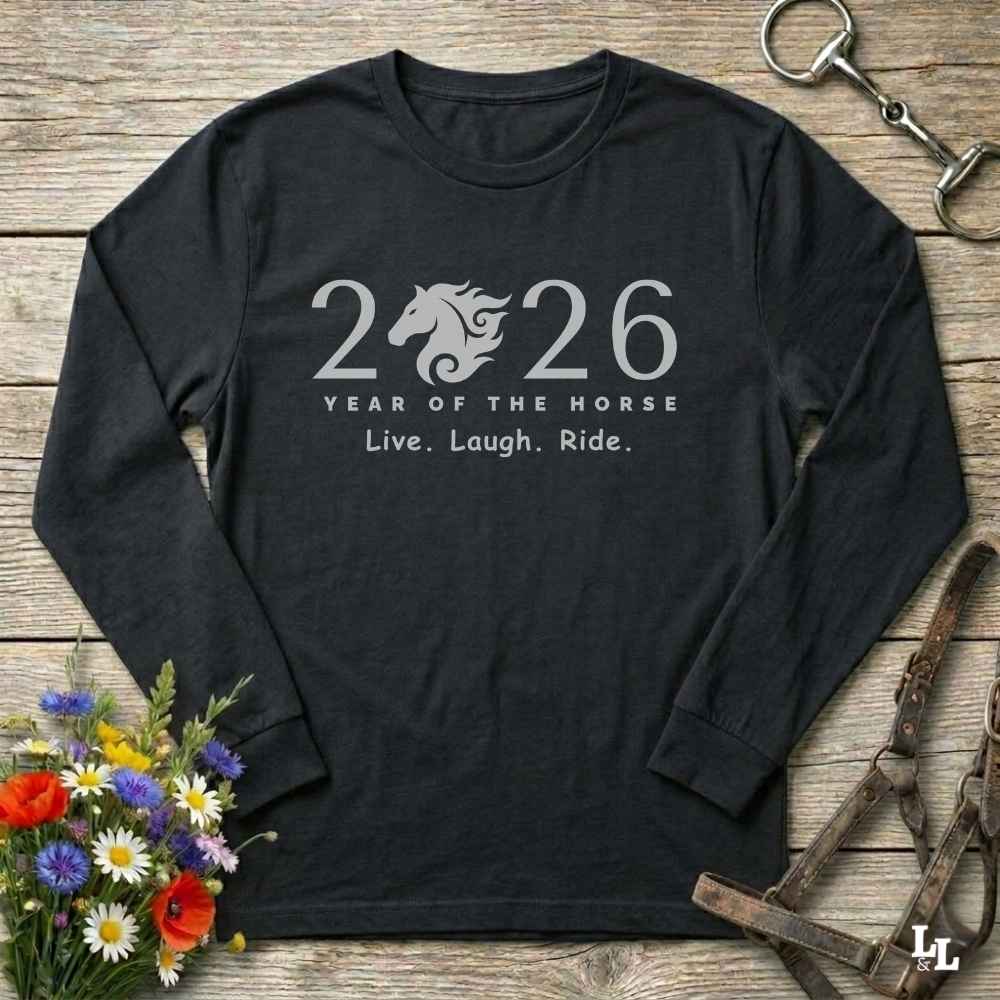 black Live Laugh Ride. Long Sleeve Tee for Horse Lovers, Barn Wear Tee, Equestrian Apparel