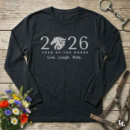 black Live Laugh Ride. Long Sleeve Tee for Horse Lovers, Barn Wear Tee, Equestrian Apparel