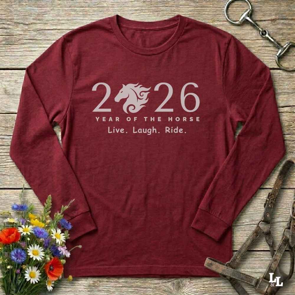 red Live Laugh Ride. Long Sleeve Tee for Horse Lovers, Barn Wear Tee, Equestrian Apparel