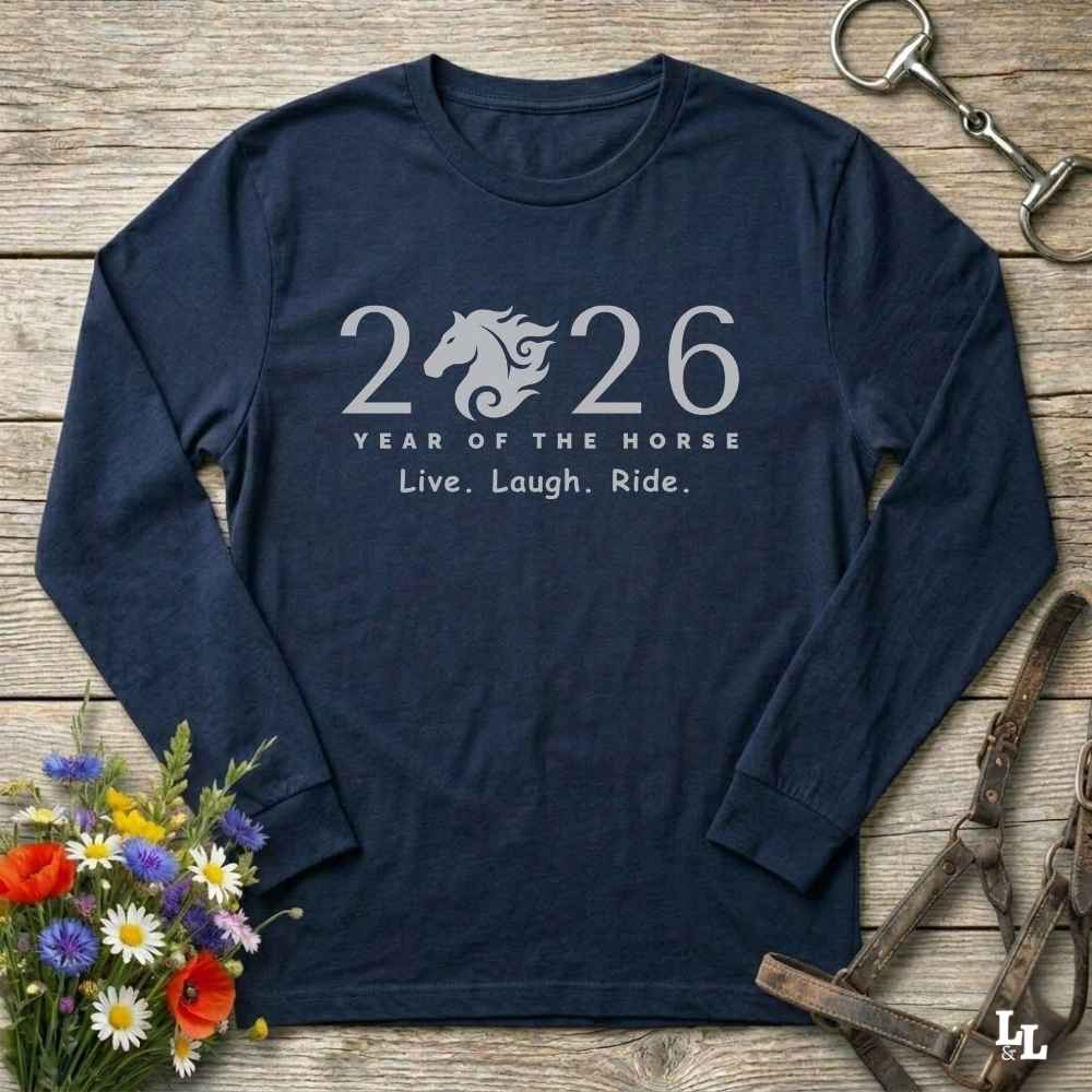 navy blue Live Laugh Ride. Long Sleeve Tee for Horse Lovers, Barn Wear Tee, Equestrian Apparel