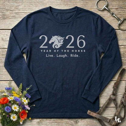 navy blue Live Laugh Ride. Long Sleeve Tee for Horse Lovers, Barn Wear Tee, Equestrian Apparel