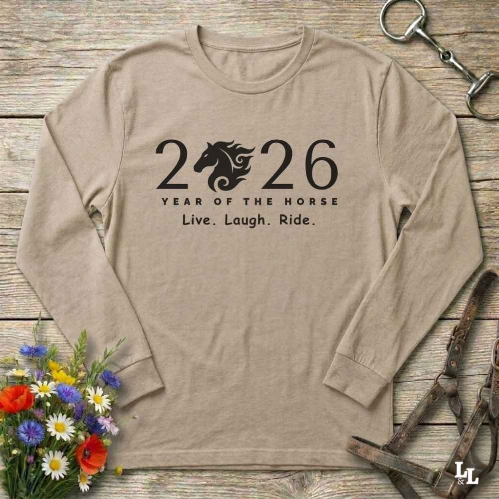 beige Live Laugh Ride. Long Sleeve Tee for Horse Lovers, Barn Wear Tee, Equestrian Apparel