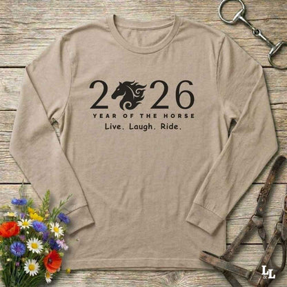 beige Live Laugh Ride. Long Sleeve Tee for Horse Lovers, Barn Wear Tee, Equestrian Apparel