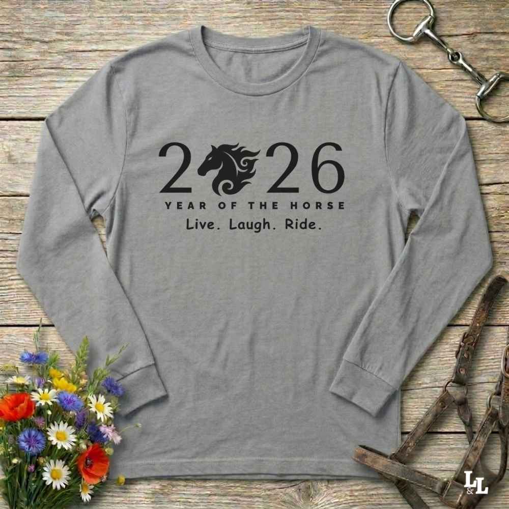 gray Live Laugh Ride. Long Sleeve Tee for Horse Lovers, Barn Wear Tee, Equestrian Apparel