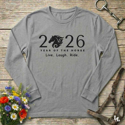 gray Live Laugh Ride. Long Sleeve Tee for Horse Lovers, Barn Wear Tee, Equestrian Apparel