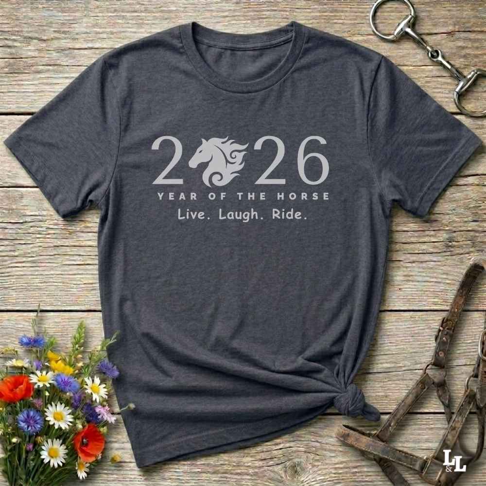gray Live Laugh Ride T-Shirt for Horse Lovers, Riding Apparel, Barn Wear Tee