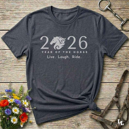 gray Live Laugh Ride T-Shirt for Horse Lovers, Riding Apparel, Barn Wear Tee