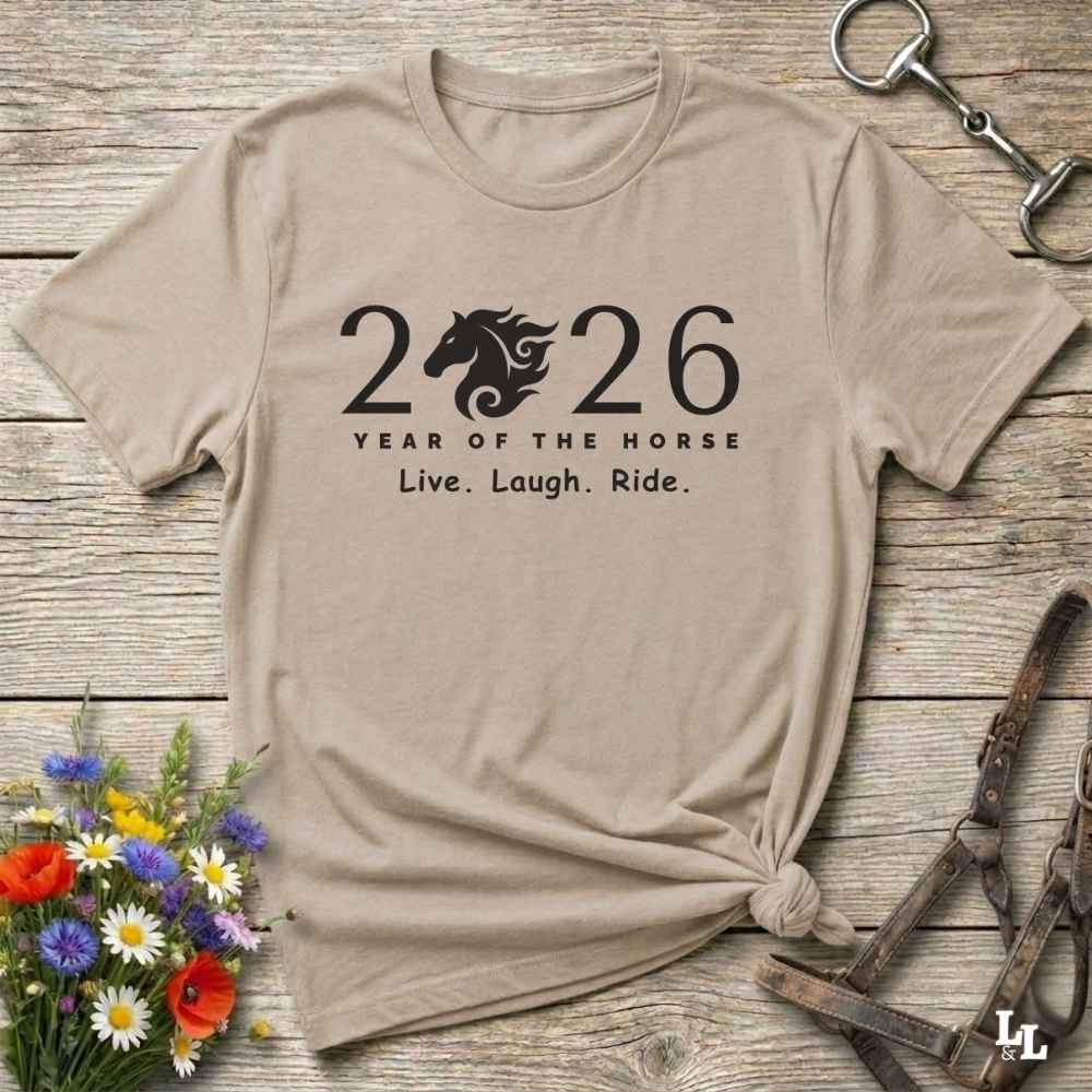 beige Live Laugh Ride T-Shirt for Horse Lovers, Riding Apparel, Barn Wear Tee