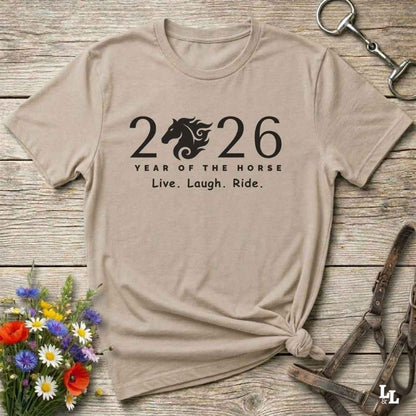 beige Live Laugh Ride T-Shirt for Horse Lovers, Riding Apparel, Barn Wear Tee